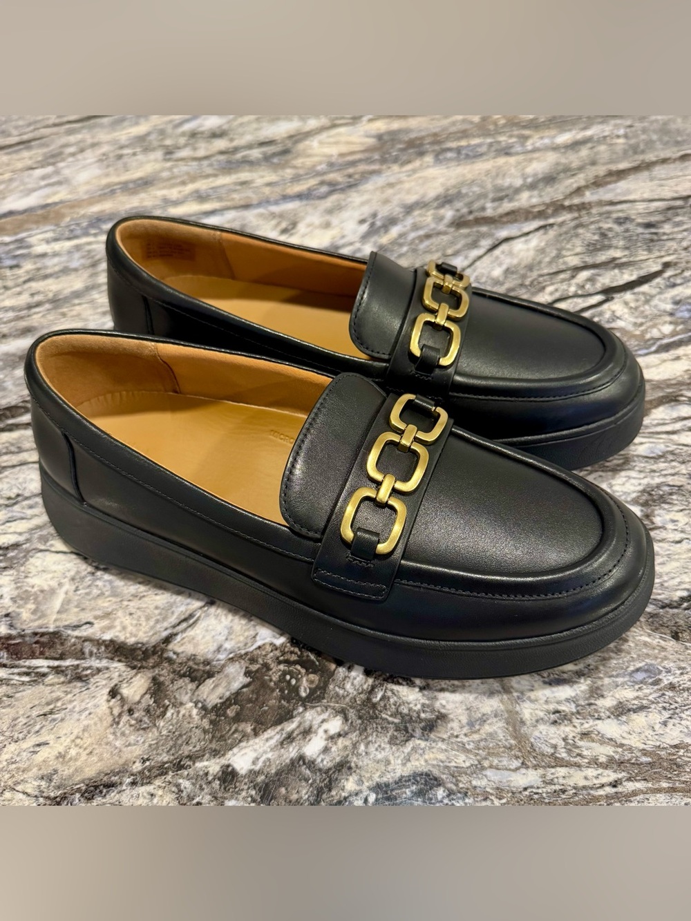 FitFlop F-Mode Square Chain Black Leather Loafers Women Size 9 NWOB